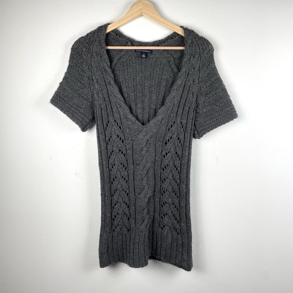 Banana Republic Sweater Women XS Gray Cable Knit Wool Alpaca V-Neck Short Sleeve